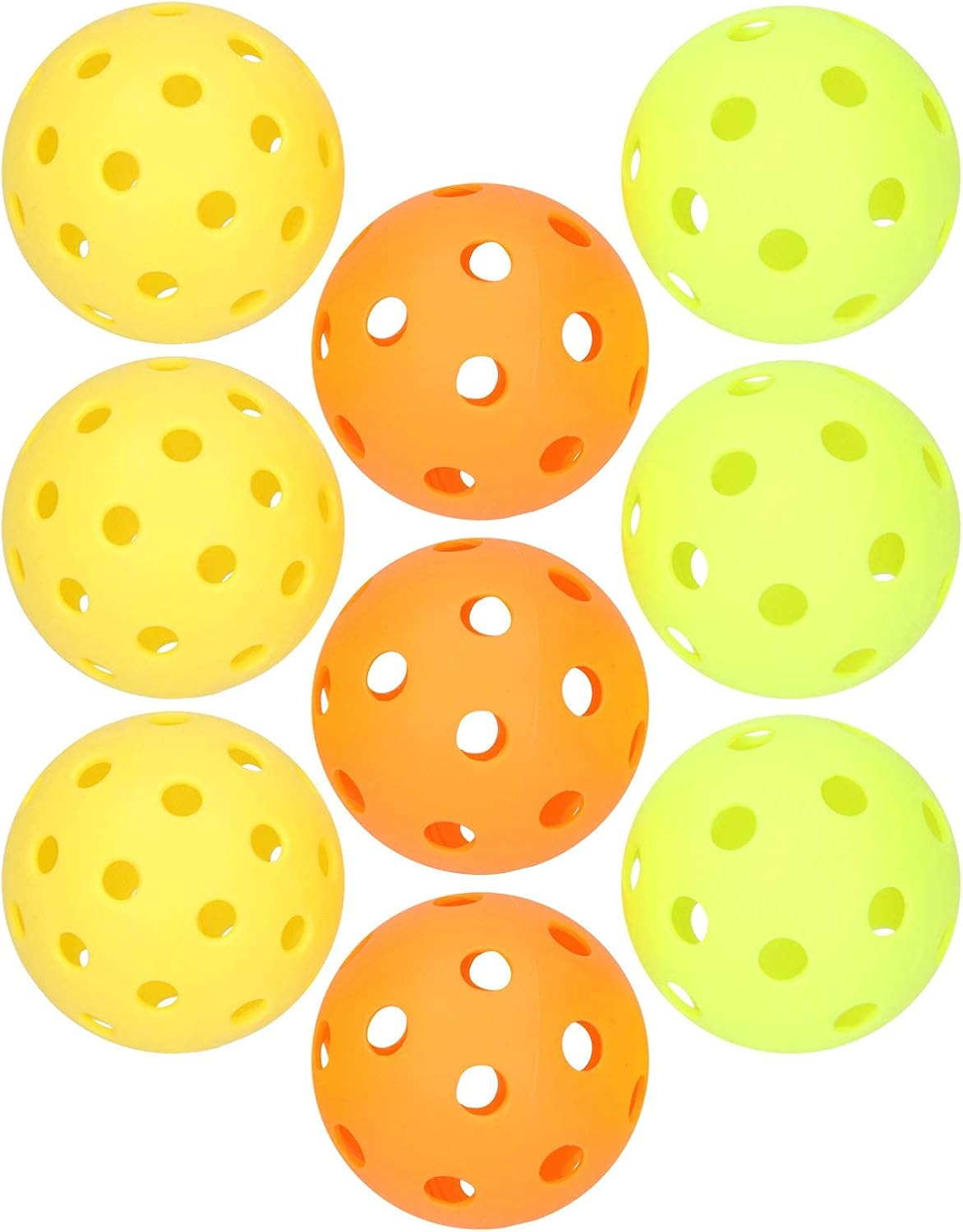 Fyearfly Juego de 9 bolas de pickleball, 40 y 26 agujeros de polietileno para práctica en interiores y exteriores, bolas de pepinillo de polietileno, duraderas y consistentes (amarillo, naranja y