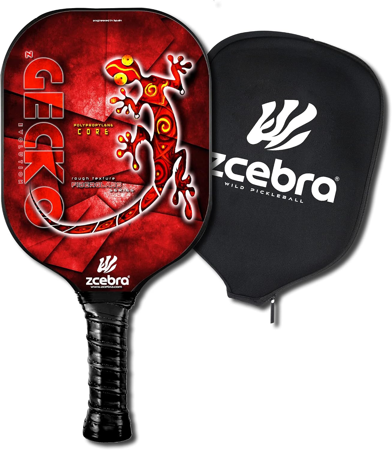 ZCEBRA Gecko Evolution - Pala de Pickleball de Fibra de Vidrio, diseño rojo y negro con funda de neopreno